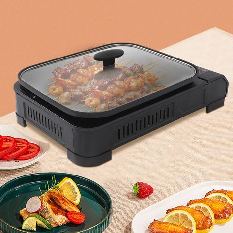 Edelstahl Grill Gasherd mit Grillplatte, tragbarer Gasgrill, 2.1KW Camping Grill mit nicht klebenden Töpfen und Deckel