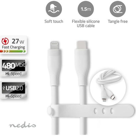 Cable relampago usb 20 apple lightning 8 pines usb c macho 480mbps niquelado 150 metros redondo silicona blanco caja