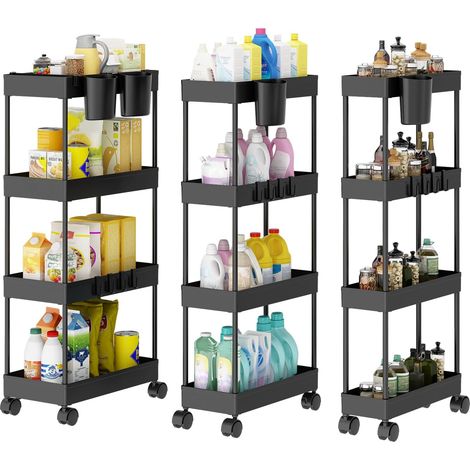 Lot de 3 Chariot de Rangement à 4 Niveaux à roulettes avec Crochets et Suspendues Amovibles pour Salon/Salle de Bain/Buanderie/Cuisine/Bureau (Noir) (1/5)