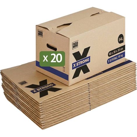 Pack and Move - Lot de 20 Cartons Déménagement X Strong - 60 x 30 x 30 cm - Charge 40 kg - Extrême Résistance - Grande Capacité