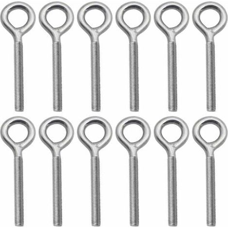Lot de 12 boulons à œil - Trou de vis - M4 x 50,3 mm - Acier inoxydable - Argent - Crochet à vis - Œillet fileté - Convient pour le bois, les travaux manuels et le mobilier (1/5)