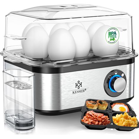 KESSER® Eierkocher für 1 bis 8 Eier elektrisch aus Edelstahl 500W & Warmhaltefunktion LED-Drehschalter Spülmaschinenfest / Schwarz / Silber