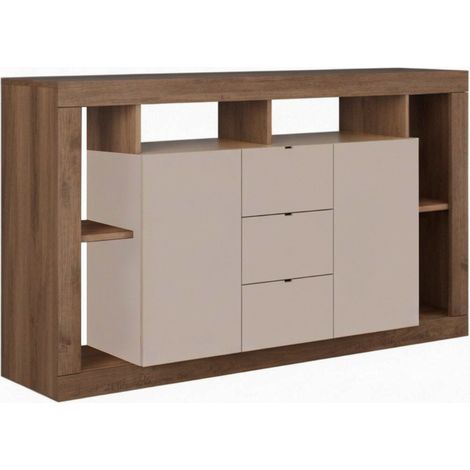 Buffet 2 portes 3 tiroirs avec encadrement 6 niches beige et aspect bois finition Mercure - LIMANI (1/4)