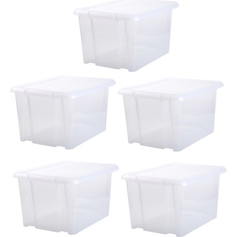 Lot de 5 Boites de rangement 80L solide à couvercle - Origine France - Blanc Transparent - Livraison gratuite (1/5)