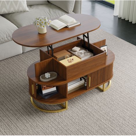 Couchtisch 100x50x64 cm höhenverstellbare Tischplatte, Stauraum, MDF, Nussbaum (1/5)