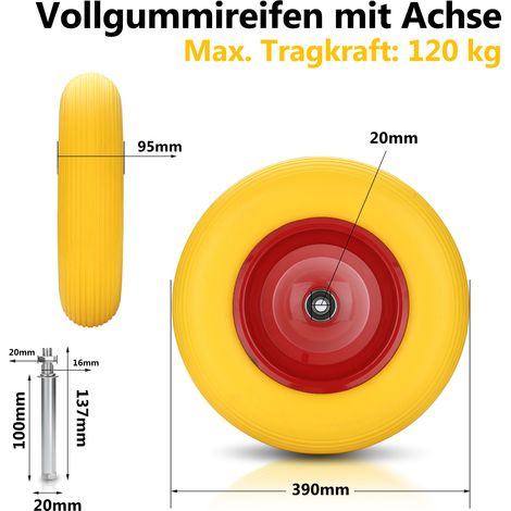 Randaco Ersatzrad Schubkarrenrad Schubkarre Rad Reifen Vollgummi Felge 4.80/4.00 max 200Kg mit Achsbohrung 20mm (1 Rad + Achse),gelb (1/4)