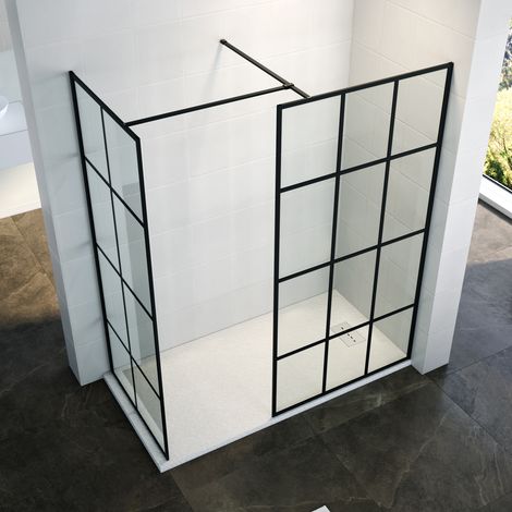 ELEGANT 900mm Black Framed Walk in Shower Screen 8mm Tempered Glass Wet Room 700mm Panel Shower Enclosure 1600x700mm Tray + Waste Trap (1/5)