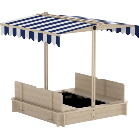 Bac à sable carré en bois pour enfants 106x106 cm avec sièges, couvercle et parasol inclinable (1/5)