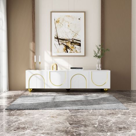 Meuble TV blanc et doré 170x38x44 cm - 4 portes texturées, tiroirs, capacité 60 kg, style chic (1/5)