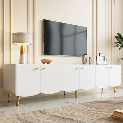 Meuble TV blanc et doré, 6 portes, rangement spacieux, style moderne, 180 cm (1/5)