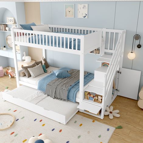 Letto a castello 90x200 cm, con letto estraibile, armadio, ripiano, vano, pino, bianco, per bambini (senza materasso) (1/5)