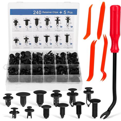 240 clip per paraurti, clip per auto, rivetti in plastica, 12 misure comuni e 5 strumenti per la rimozione di elementi di fissaggio, kit di fissaggio auto-pressanti, kit di rivetti a perno.