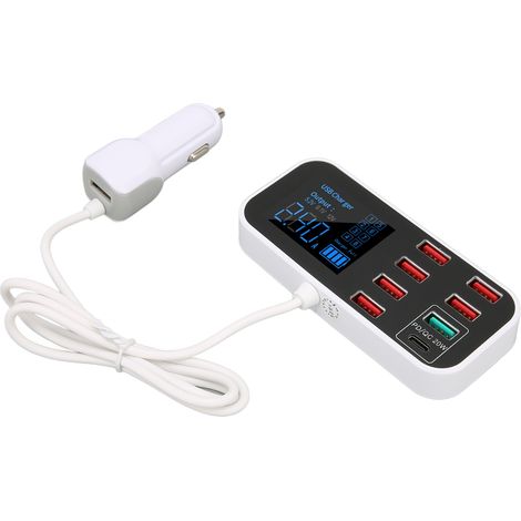 Chargeur de voiture A9S+ à 8 ports, charge rapide 40 W QC 3.0 USB-C, stations de charge USB multiples avec écran LCD pour voiture et plusieurs appareils. (1/5)