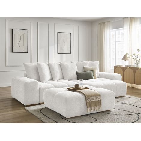 BOBOCHIC - Canapé d'angle convertible réversible coffre ANAKIN tissu bouclette avec pouf Réversible Blanc (1/5)