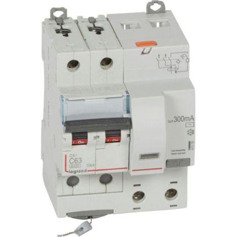 Disjoncteur différentiel monobloc DX³6000 10kA arrivée haute et départ bas à vis 2P 230V à 400V - 63A - typeAC-300mA - LEGRAND