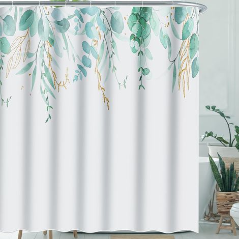 Rideau de Douche 200x200 cm, Rideau de Douche Tissu Lavable en Polyester, Rideau Douche Anti Moisissure, Motif Feuilles Vertes et Fleurs Jaunes, avec 12 Anneaux (1/5)