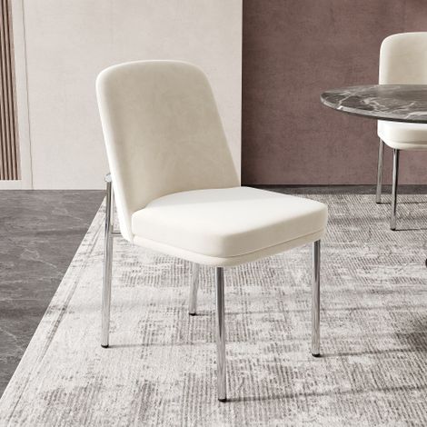 Lot de 6 chaises de salle à manger avec assises épaisses et pieds en métal style moderne et minimaliste structure finition argentée revêtement en velours couleur beige. (1/5)