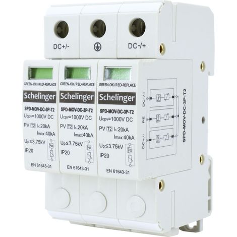 Parafoudre DC 3P 1000V - Classe T2 - 40kA - Rail DIN - IP20 - Schelinger (1/5)