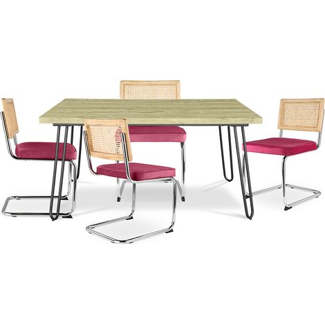 Pack Industrial Design Dining Table 120cm & 4 Rattan Dining Chairs - Velvet Upholstery - Martha Fuchsia (1/4)