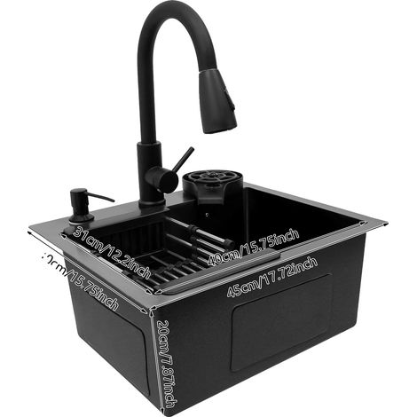 Fregadero de cocina, grifo extraíble, enjuagador de tazas, negro (1/2)