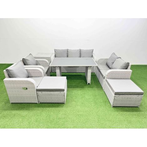 Fimous 9 Seater Garden Furniture Set PE Ratten Garden Sofa Set with Rectangular Dining Table 2 Big Stool Side Table Light Grey (1/5)