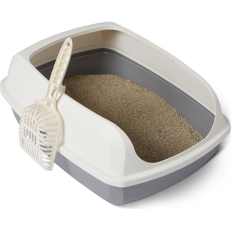 Litière pour Chats avec Parois Hautes et Ouverture sur Le Dessus, Facile à Nettoyer, Pelle Incluse, Blanc/Gris, 50,5cm x 38,0cm x 20,0cm (1/5)