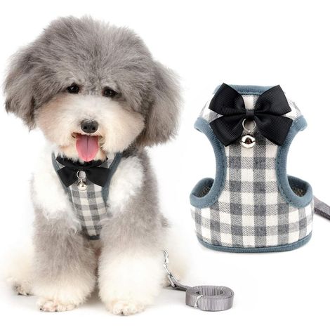 Harnais et Laisse pour Petit Chien Anti Traction avec nœud Papillon et Cloche de sécurité pour Chiot Chihuahua Yorkshire, Anti-Fuite Reglable Harnais pour Chats/Chaton Gris M (1/5)