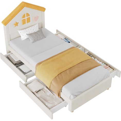 Letto Bambino 90 x 200 cm in Velluto con 4 Cassetti e Testiera a Casa, senza Materasso, Beige (1/5)