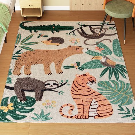 Tapis en polaire à motif jungle, facile d'entretien, blanc crème et multicolore (1/5)