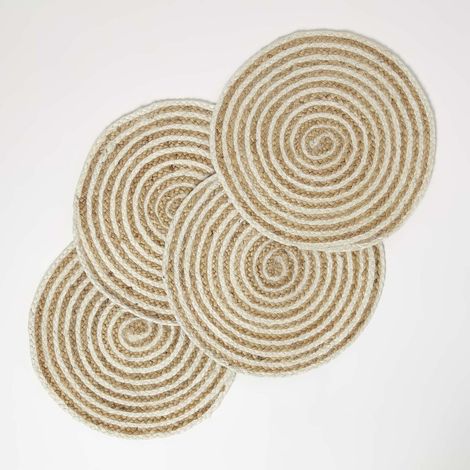 HOMESCAPES Natural & Cream Spiral Jute Handwoven Round Placemats Set of 4