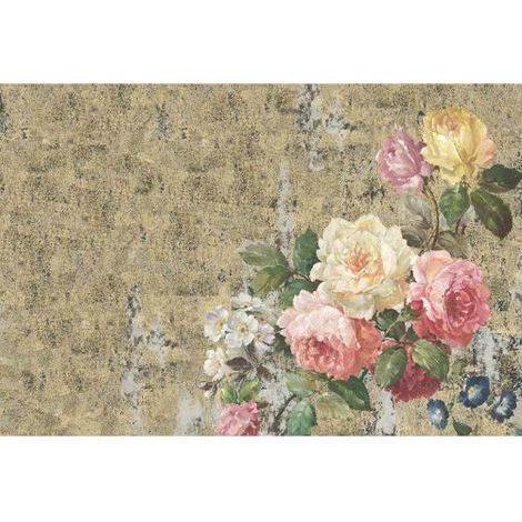 Papier peint panoramique Shabby Chic vintage Tapisserie panoramique romantique fleurie idéale salon Papier peint panoramique floral beige & rose (1/3)
