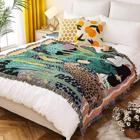 Double Face Couvertures Coton Tissé Jetés De Lit avec Gland Jungle Style Bohême Tapisserie Châle Décorative Jeté De Canapé Couvre-Lit Couverture De Camping Nappes Tapis 160x130cm (1/5)