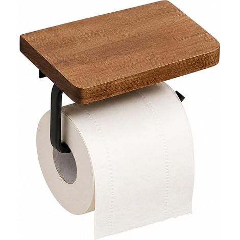 Support rouleau WC, bois, noyer, avec étagère, pour toilettes (1/5)