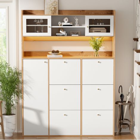 Schmaler Schuhschrank mit LED und Glas, 6 Doppelklappen, Weiß/Naturholz OKMYHOME (1/5)