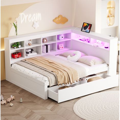 Letto multifunzione moderno 140x200 cm in legno bianco, con testiera a ripiani, vani contenitore, USB e LED (1/5)