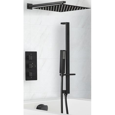 Milano Preto 3 Outlet Triple Thermostatic Mixer Shower Valve with Wall Mounted 300mm Square Rainfall Shower Head  Hand Shower Handset Slide Rail Kit and Overflow Bath Filler Tap (1/5)