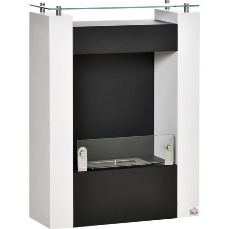 HOMCOM Ethanol-Kamin Bio-Ethanol-Brenner 1993W 1,5L 3 Std. Brenndauer kein Rauch frei stehend Stahl Edelstahl gehärtetes Glas Weiß+Schwarz 60 x 20 x 79 cm (1/5)