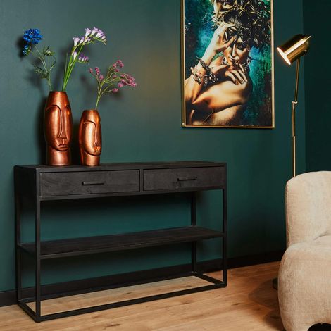 Console d'entrée en bois noir 2 tiroirs motif chevron ALVERA