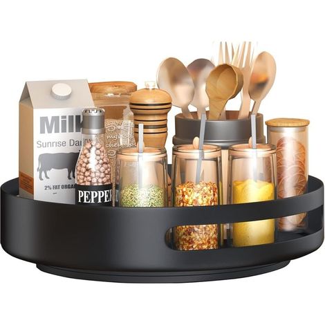 Plateau Tournant,Métal En Acier Tournant Etagere A Epices, Plateau Tournant Epices Placard Cuisine pour Cuisine Epices Rangement, Rangement Placard , 25,4 CM, Noir (1/5)