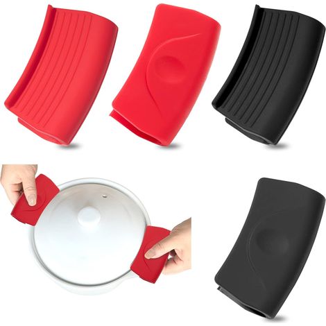 Sollbry Support de Poignée Chaude Poignées de Casserole en Silicone Poignée d'Assistance Anti-brûlure pour Poêles à Frire 2 Paires Noir Rouge (1/5)