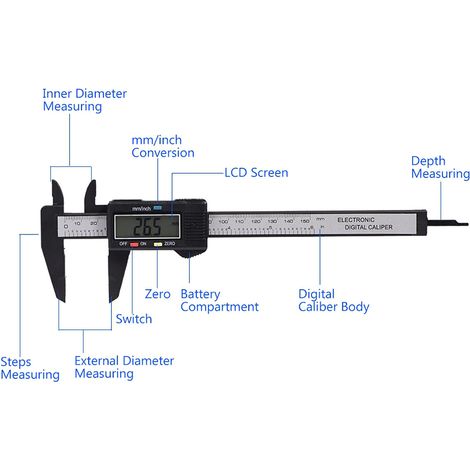 Digitaler Messschieber mit großem LCD-Display für Innen- und Außenmessungen, Tiefenmessung und Stufenmessung – Schwarz (1/5)