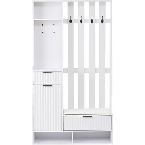 6-in-1 Garderobenmöbel weiß 100 x 30 x 180 cm mit 8 Haken, 2 Schubladen, Schrank und Bank (1/5)