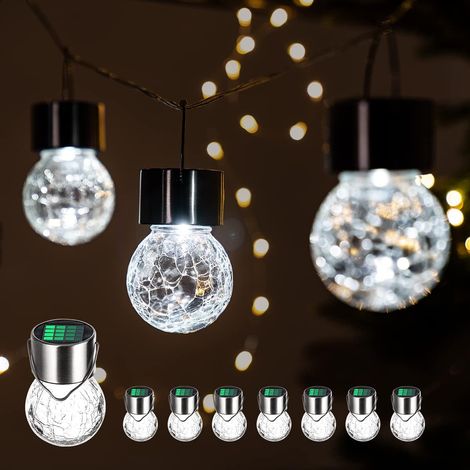 Lot de 8 lampes solaires à suspendre en verre craquelé avec poignée pour jardin, cour, terrasse, pelouse (blanc froid) (1/4)