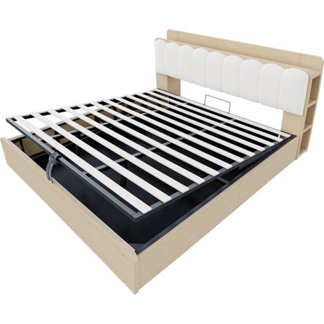 Letto contenitore idraulico 180 x 200 cm in legno naturale con testiera imbottita e porte USB (1/5)