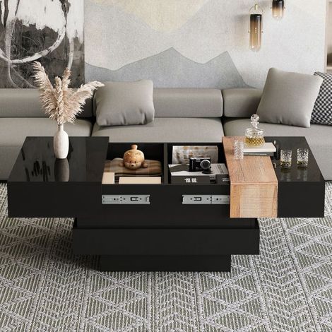 Table basse 70x70x40, finition brillante bicolore table basse salon, plateau extensible, rangement intégré (1/5)