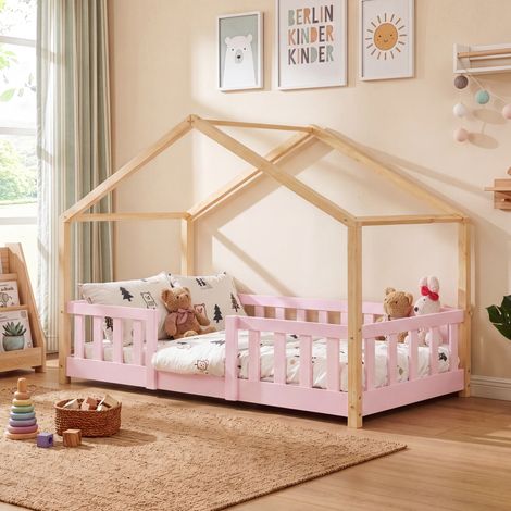Letto per Cameretta Treviolo a Forma di Casetta in Stile Montessori 80x160 cm Rosa/Naturale [en.casa] (1/5)