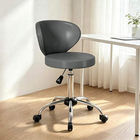 Taburete giratorio 360° de PU gris con respaldo y altura regulable 73-88 cm OKWISH (1/5)