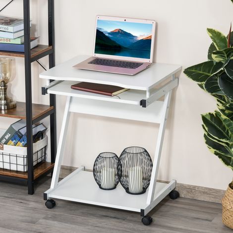 Bureau Informatique Roulant - Bureau Mobile - Table d'ordinateur - Blanc - Tablette coulissante Clavier + étagère