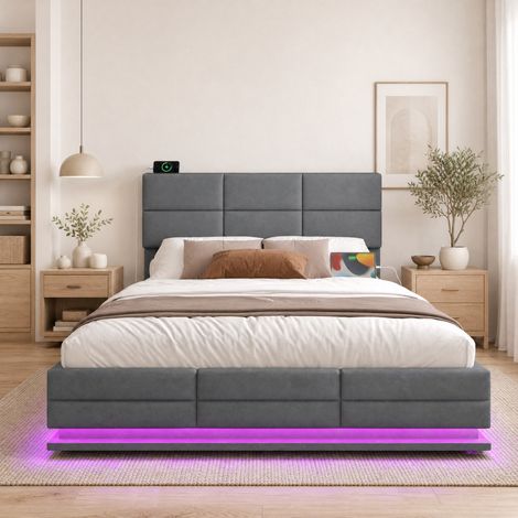 Lit coffre 160x200 cm en tissu velours gris, gain de place pour chambre, sans matelas FloraGrace (1/5)