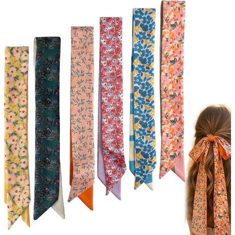 Lot de 6 foulards à cheveux – Satin soyeux – 6 x 86 cm – Bohèmes – Polyvalents – Colorés (1/5)